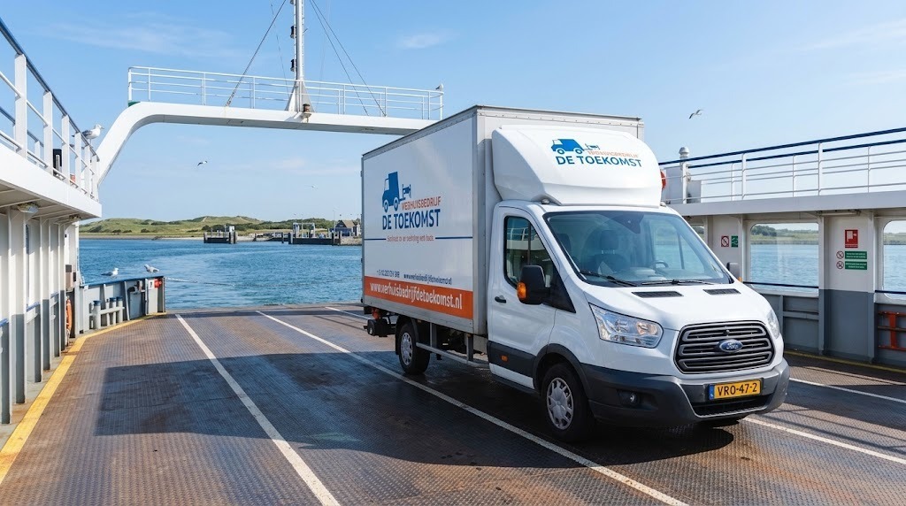 Verhuiswagen van Verhuisbedrijf De Toekomst op het dek van de veerboot naar Texel